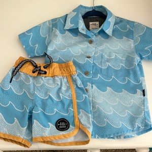 Feather 4 Arrow boys board shorts and shirt with waves design. Sold as set